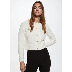 MANGO Jewel Button Boucle Tweed Style Cardigan Crew Neck Chunky Knit Sweater